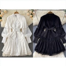 Women Lace Long Puff Button