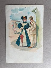 m) Cartolina donnina Liberty Art Nouveau ombrello mare innamorato 