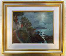 QUADRO DIPINTO OLIO Seassaro PAESAGGIO MARINO NOTTURNO LUNA PIENA BORGO LIGURE
