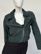 Rare Y2K Cropped Green Leather Biker Jacket  100% Pigskin – Size S – Grunge Punk
