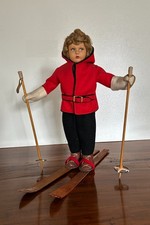 BAMBOLA PANNO LENCI SCIATRICE COMPLETA ABBIGLIAMENTO INVERNALE SCI BASTONCINI