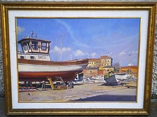 GIACOMO VACCARO - SULLA BANCHINA -PORTO DI LIVORNO - VECCHIO QUADRO DIPINTO OLIO