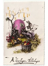 1962 conigli vestiti umanizzati casa uovo cartolina pasquale augurale d'epoca