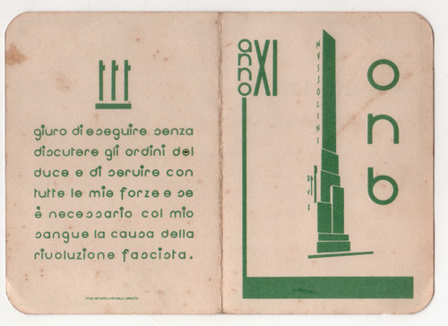 Tessera fascista anno onb - tessera, xi