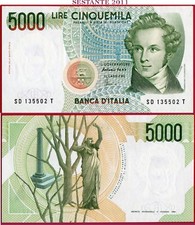 (com) ITALIA - 5.000 5000 LIRE BELLINI - LETTERA D = 1996 - P 111c - UNC 