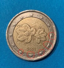 Moneta Finlandia 2 euro 2001 Errore conio Stelle asse spostate e tranciate