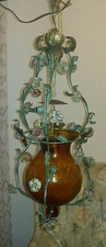 BELLISSIMO LAMPADARIO D'EPOCA FERRO BATTUTO FIORI E MURANO AMBRA OLD CHANDELIER
