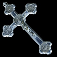 Crocifisso da tonaca VIA CRUCIS  ottone con inserti in legno 1900 ARTE SACRA 