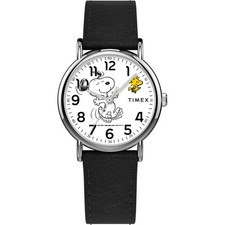 Orologio TIMEX WEEKENDER PEANUTS TW2Y31000 Pelle Nero Bianco Snoopy Unisex
