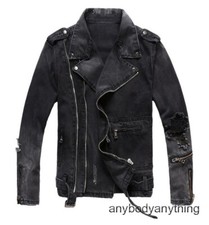 Giacca denim nera strappata slim punk biker uomo zip moda cappotto autunno moto