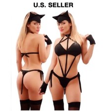 COSTUME SEXY GATTO DONNA 4 PEZZI REGOLABILE NERO ADULTO BALLERINA ESOTICA HALLOWEEN S/M