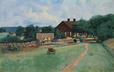 Dipinto olio CASA ALLA PERIFERIA DEL VILLAGGIO CON ALVEARI - inizio 20. Secolo