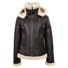 GIACCA DONNA B3 VERA PELLE AVIATORE VOLANTE PELLE DI PECORA MARRONE CON CAPPUCCIO BOMBER RAF