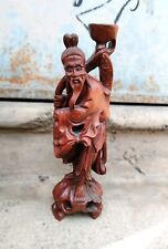 Antica scultura pescatore cinese in legno figura fine XIX inizio XX secolo, FIRMATA