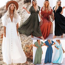 Abito Lungo Da Donna Abito Lungo Da Vacanza Con Scollo A V In Lino Bottoni ☆