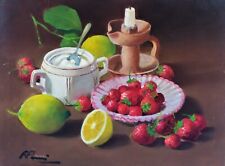 Natura morta realistica con frutta ceramica limoni fragole dipinto olio firmato