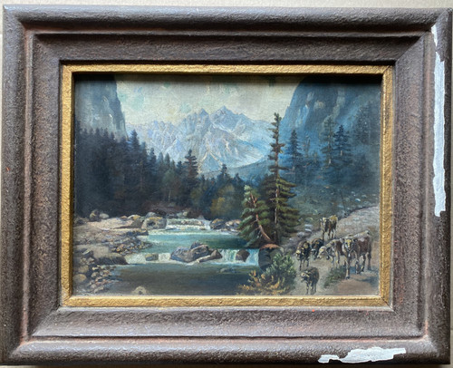 Dipinto olio alpi kühe - a,
