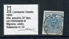 1850 LOMBARDO VENETO 45 CENTESIMIAZZURRO CON FILIGRANA CERTIFICATO SASSONE n° 12
