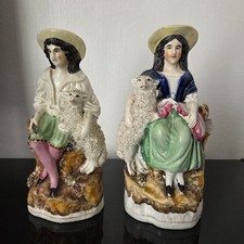 Staffordshire 2 Figurines Anciennes Bergers Moutons 1840 James Dudson Victorian