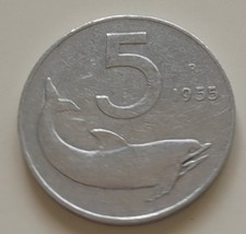 moneta da 5 lire del 1955 con delfino e timone in ottime condizioni