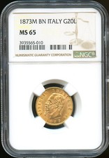 Italia Vittorio Emanuel II (1861-1878) 20 Lire Oro 1873 Milan NGC Ms 65 Km 10.3
