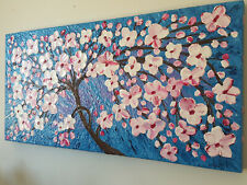 QUADRO MODERNO DIPINTO A MANO ALBERO DELLA VITA FIORI BIANCHI 40x80x4 RIF130