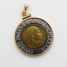 Moneta bimetallica vintage '89 Vaticano Papa Giovanni Paolo II ciondolo lunetta oro 14 carati