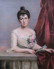 Quadro Francese Disegno Pastelli Cornice Ritratto Giovane Donna Bruna Ventaglio