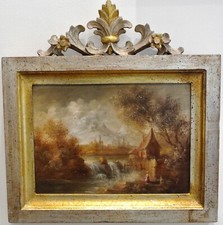 Quadro olio su tela paesaggio campestre, cornice argento mecca con intaglio.