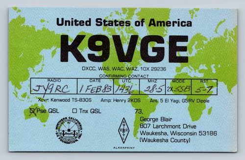 Radioamatore qsl k9vge - qsl, usa