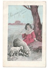 1923 antica cartolina Felice Pasqua bambina pecora agnello al pascolo