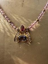 Collana Oro 18 Kt Diamanti E Zaffiro E Rubino E Sfere Quarzo Rosa