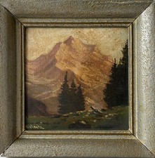 Dipinto A Olio Con Cornice Vergine Montagna Paesaggio Alpino Firmato 26 X 26 Cm