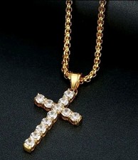Collana Uomo Donna Croce Oro con Zirconi Brillanti  Stile Urban Hip Hop 60cm 