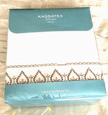 Nuovo set lenzuola Kassatex fine lino 100% raso di cotone pizzo ricamato bianco king