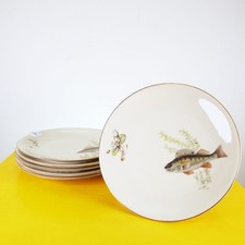 piatti piani in porcellana zeh scherzer bavaria germany 6 pezzi, decoro pesce