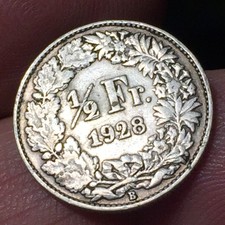 Svizzera Argento 1/2 Franco 1928 B HELVETIA