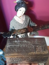 Antica scatola portagioie giapponese metallo legno santuario torii peonie...