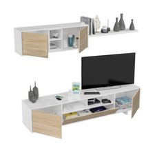 Parete Attrezzata Soggiorno Con Mobile TV Pensili Design Moderno Rovere E Bianco