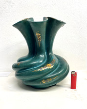 GRANDE VASO CERAMICA Deruta COSTOLATO SPIRALE VERDE ORO DECORO FIORI 31 cm/h '40