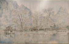 Tran Duy Dipinto Su seta Raffigurante Paesaggio , Arte Orientale XXL Secolo