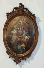 ANTICO DIPINTO NATURA MORTA CON CORNICE A FOGLIA IN LEGNO DORATO INZIO 1900