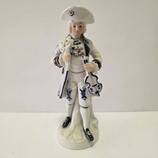 Scultura In Ceramica Vioinista Bianco Blu Oro '900