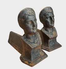 Coppia Alari da Camino Antichi in Ghisa - Teste Romane - 22 x 31 x 12  cm - 8 kg