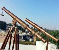 Marino Antico Ottone Doppio Barile ~ Telescopio 39 " Con IN Legno Treppiedi