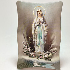Icona Madonna di Lourdes Stampa Legno 11x7 cm Dettagli Dorati da Tavolo e Parete