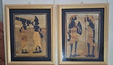 2 QUADRI CORNICE CON 2 ANTICHE TELE MASAI UOMINI E DONNE AFRICA NERO E ORO