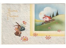 1949 Buona Pasqua cartolina d'epoca coniglio campana casa di campagna paesaggio