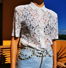 Camicia vintage anni 80 in pizzo bianco con spalline imbottite