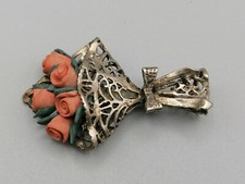 Bomboniera in Argento 800 Mazzo di Fiori Corallo Adattabile Spilla 1960 Vintage